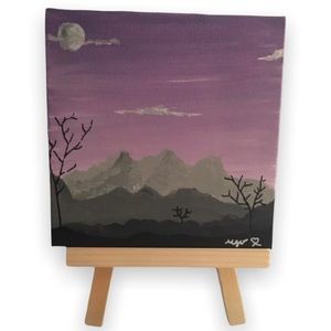 Mini painting on 4x4 stretched canvas. Purple Mountain Design. Easel included.